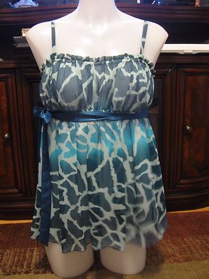 MIX IT, JUNIOR'S TURQUOISE/AQUA POLY SPAGHETTI STRAP BLOUSE, GIRAFFE, SZ S