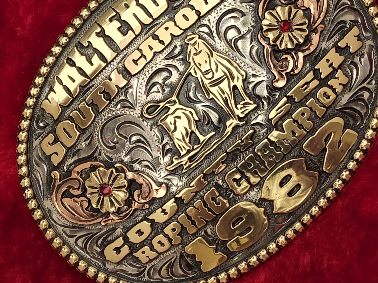 CALF ROPING PRO RODEO CHAMPION TROPHY BUCKLE☆WALTERBORO SC ☆VINTAGE