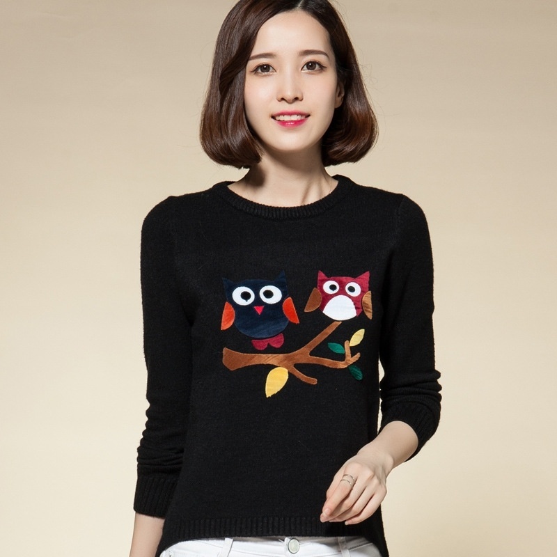 Women/Lady Asymmetric Owl Bird Tree Sweater Jumper Loose Top Knit