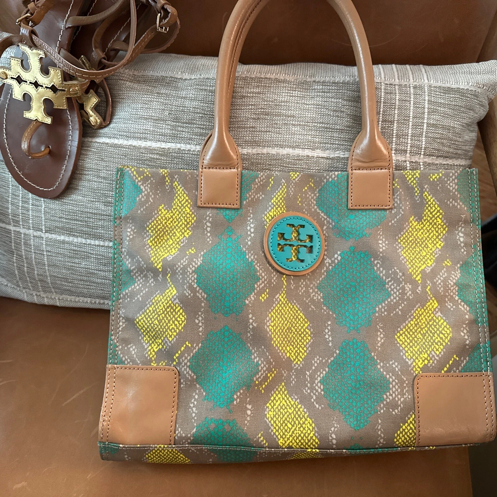 Tory Burch Multicolore Stampato Serpente Manici Rivestiti Tela e Pelle Ella Tote
