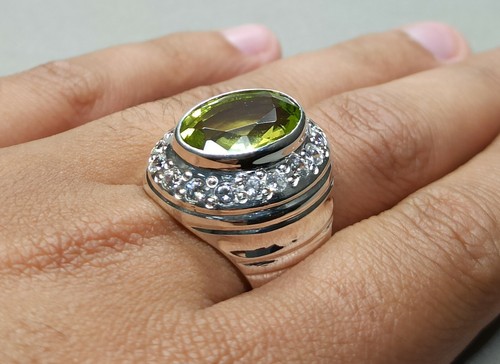 Oval Cut 12 Carat Pale Green Peridot Sterling Silver 925 Handmade Beryl Men Ring - Picture 6 of 12