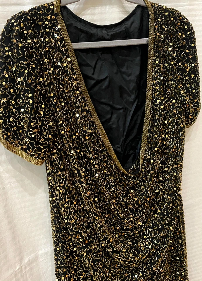Black Tie Oleg Cassini Womens Black Silk Sequin Beaded Cocktail Mini Dress Sz 10 - Image 2 of 4