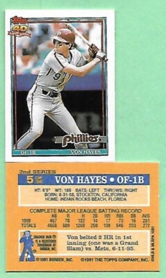 1991 Topps Cracker Jack Series 2 Mini Von Hayes #5 Philadelphia Phillies 