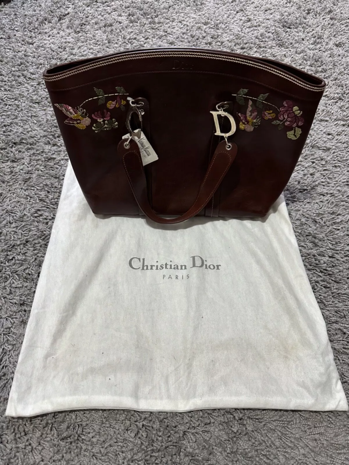Sac fourre tout Christian Dior broderie florale marron trotteur authentique RARE PRIX DE VENTE CONSEILLÉ