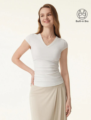 Oglmove Elevated V-neck Side Ruched Cap Sleeve Bra Tee, Pure White