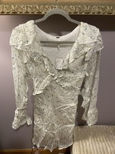 NWT Free People Floral Boho White Long Sleeve Mini Dress Size 2 With Ruffles