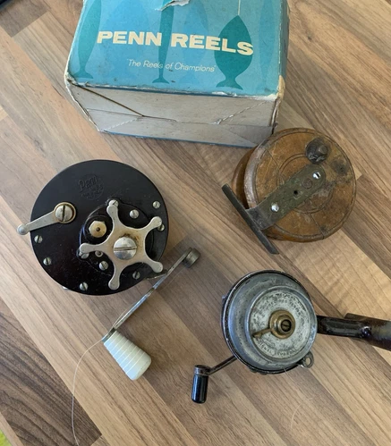 Carretes de pesca vintage baquelita Penn 85 helicoidales doble carrete de madera antiguo aparejo - Imagen 1 de 8