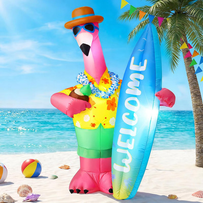 5Ft Inflatable Flamingo with Surfboard, Pre Lit LED Outdoor Decoration with Blow