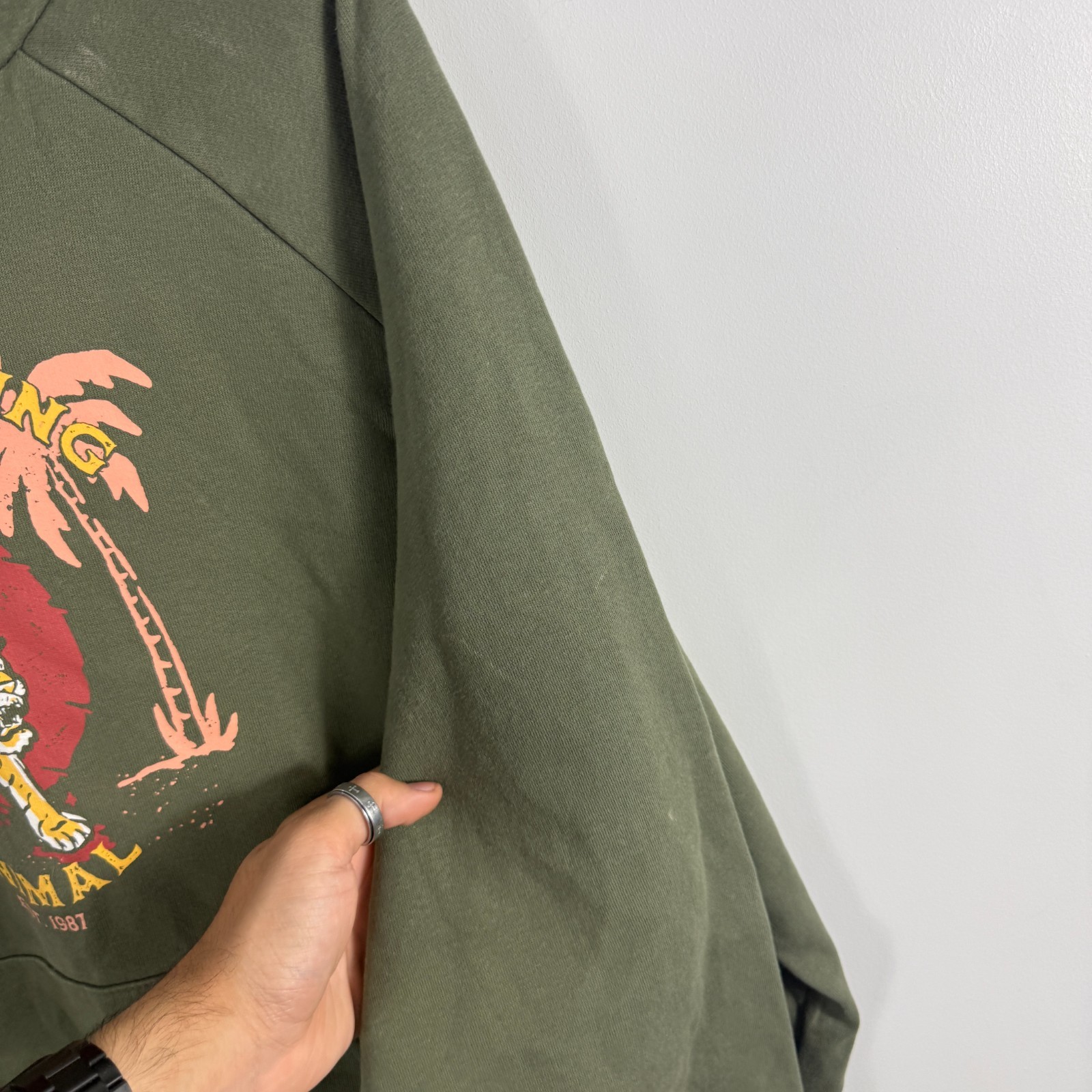 Women's VTG Animal Olive Green Tiger Graphic Size UK 18 / XL Pullover Hoodie image 4
