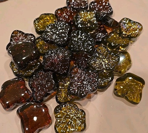 Vintage Pressed Glass Leaf Cabochons 1.5” Amber Olive Brown Mid Century Lot 24+