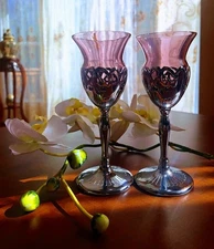 Farber Bros Krome Kraft Amethyst Cambridge Glasses 6 1/2" Wine Stem Art Deco Vtg