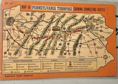 VINTAGE POSTCARD PENNSYLVANIA TURNPIKE MAP EXITS