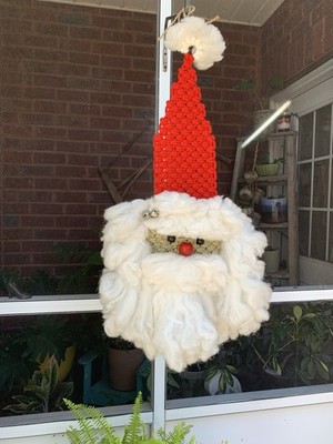 Vintage Macrame 70's Santa Claus Face Wall Hanging 32  Jingle Bells Wood Beads