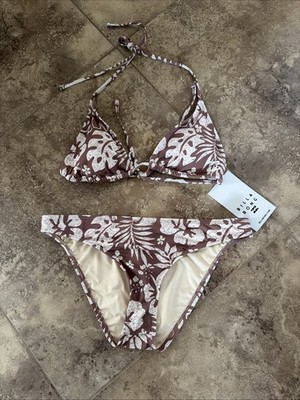 NWT Billabong Beach Babe Triangle Hipster Bikini Set Tropical Brown $99 L 8-10