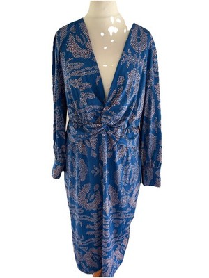 Boutique Kleid Blau 3XL  50/52 Abendkleid V-Ausschnitt Elegant Luxus Langarm Neu
