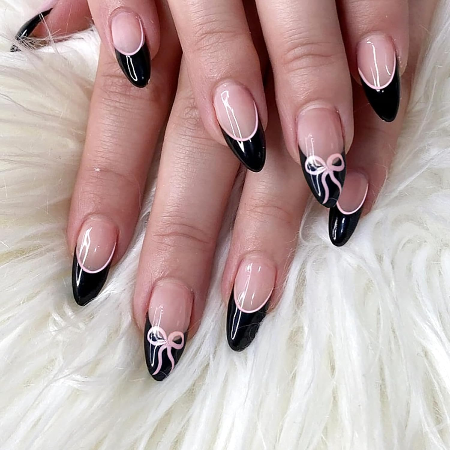 Almond False Nails - 24Pcs Black Nails French Tip - Press on Nails Bow-Tie Desig