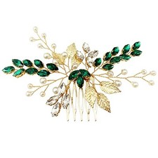 Bride Wedding Hair Comb Crystal Rhinestone Pearls Silver Leaf Hair Piece Green