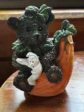 Vintage Textured Bear holding White Ghost Halloween Decor Figurine