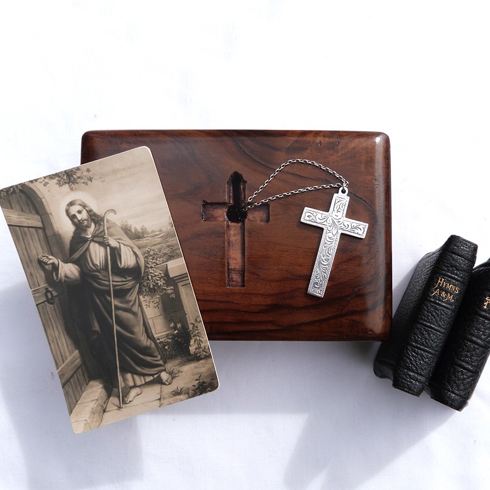 Old Christian Box with inset Sterling Silver Cross & Miniature Prayer Hymn Books