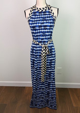 Tory Burch Pelton Blue Tie Dye Halter Maxi Dress Size XS Belted Boho Chic