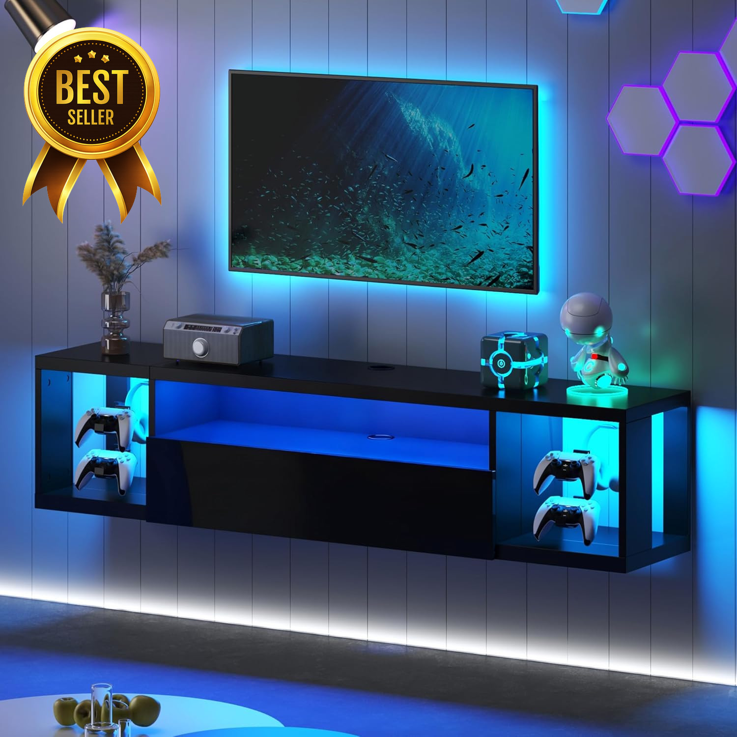 With Led Lights, Wall Mounted Tv Shelf With Led Lights, 55.1