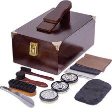 10 Pcs Deluxe Shoe Shine Box Set  Shoe Care Polish Kit with Foot Rest, Wooden C