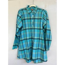 Tulip Plaid Button Down Medium Long Sleeve Tunic Top Blue Green Fall Lagenlook