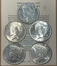 Peace Dollars 1921-1935 Lot of 5 Uncirculated 90% Sil ver Coin Mixed Year US