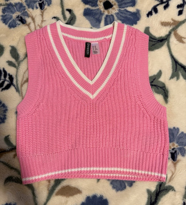 H&M Divided Lightweight Striped Knit V-Neck Sweater Vest Pink/White XXS