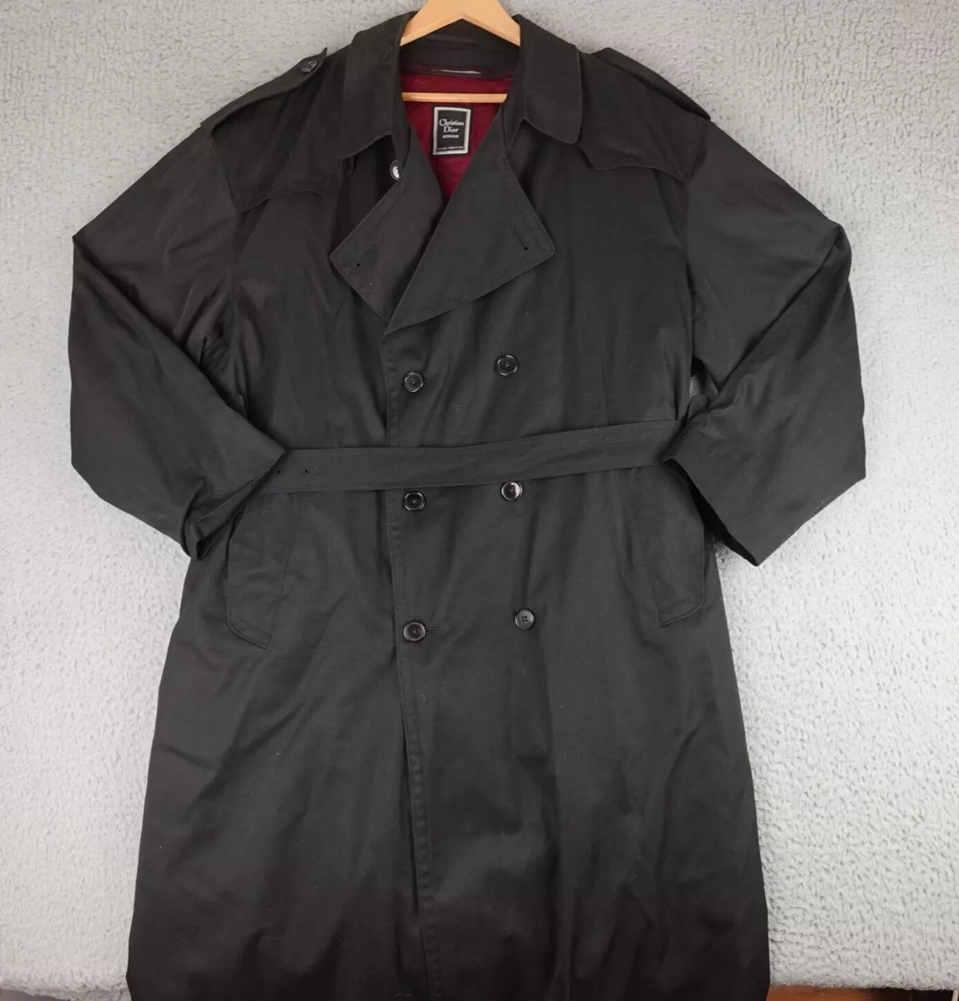 Trench coat homme vintage Christian Dior MonsiR noir laine ceinturé fabriqué aux USA