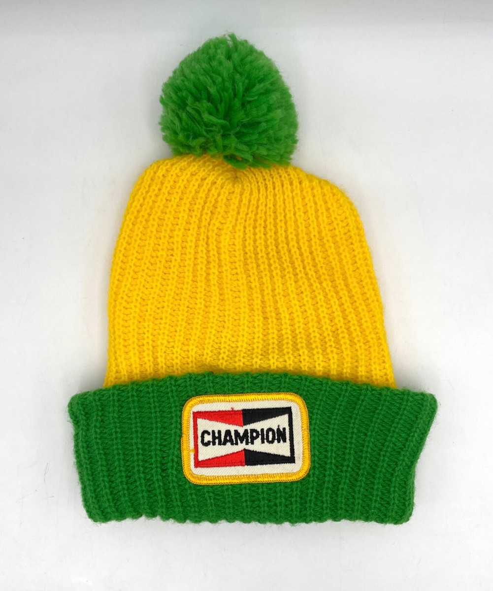 Vintage Champion Spark Plugs Beanie Winter/Fall Knit Hat Auto Parts Patch  Deere