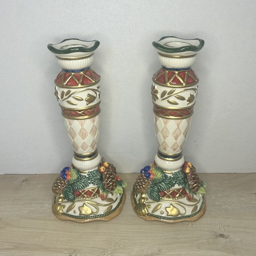 Fitz & Floyd Classics Set Of 2 Christmas 9” Taper Candle Holders Candlesticks - Picture 2 of 11