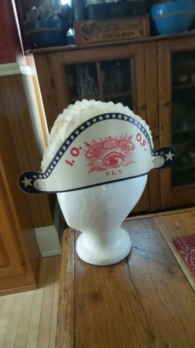 Antique Paper Admiral Hat I.O.O.F., F.L.T. Red, White, Blue, Honeycomb Top