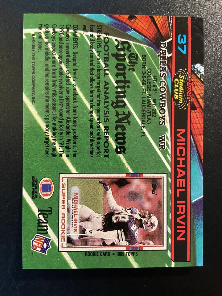 1991 Topps Stadium Club Michael Irvin #37 HOF Cowboys - Image 2 of 2