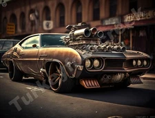 Steampunk Muscle Car #1 AI Art 9" x 12" Metal Sign