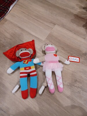 Zubels Superhero Sock MONKEY 12''  & Ballerina Princess Monkey Rare Plush NWT 