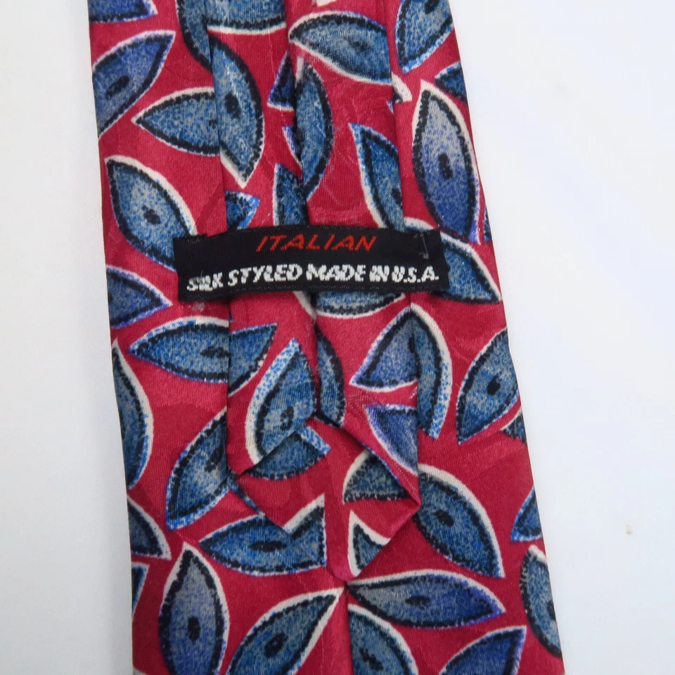 Corbata estilo seda italiana vintage rojo azul motivo hoja geométrica clase 54"x3,5" Foto 3 de 4