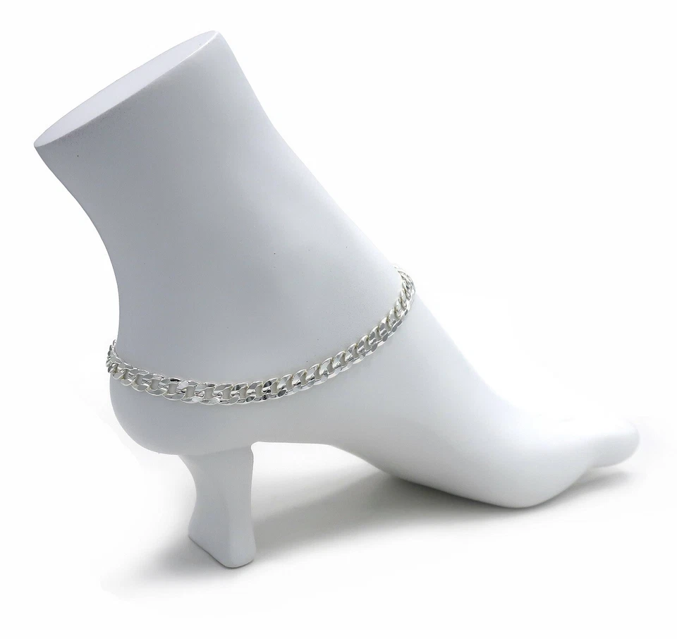 PULSERA TOBILLERA CALIDAD CADENA ESLABÓN CUBANO CÓNCAVO 10" CHAPADA EN PLATA 925 Foto 3 de 4