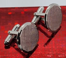 CUFFLINKS - Silver Tone Round Fine Hatch Marks Linen Texture Beveled Edges