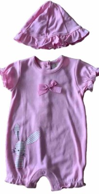 Neugeborene 2 Stck. Baby Mädchen rosa Sommer Kaninchen Einteiler Strampler + Mütze Poly/Baumwolle