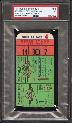 1957 World Series Ticket Stub Game 1 Mickey Mantle Hank Aaron WS Debut 