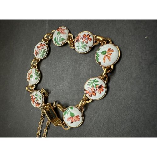 Enamel Cloisonne Link Bracelet Safety Clasp Goldtone - Picture 2 of 5