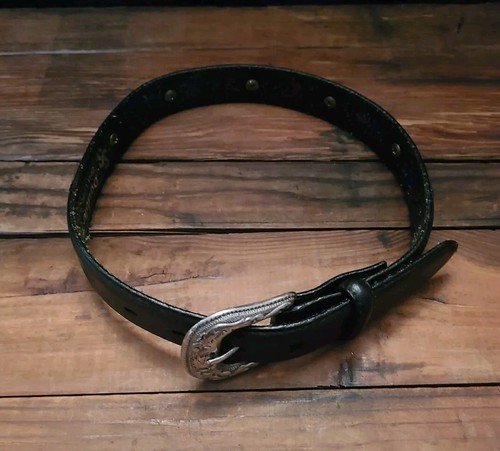 Vtg Double S Black & Brown Braided Leather & Silvertone Conchos Belt 22 Inch - Picture 4 of 7