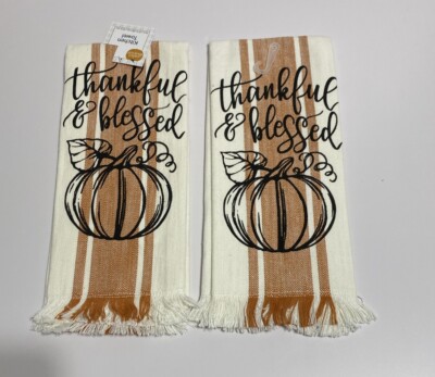 Perfect Harvest Kitchen Towels Thankful & Blessed Pumpkin Set/2 15 x25 