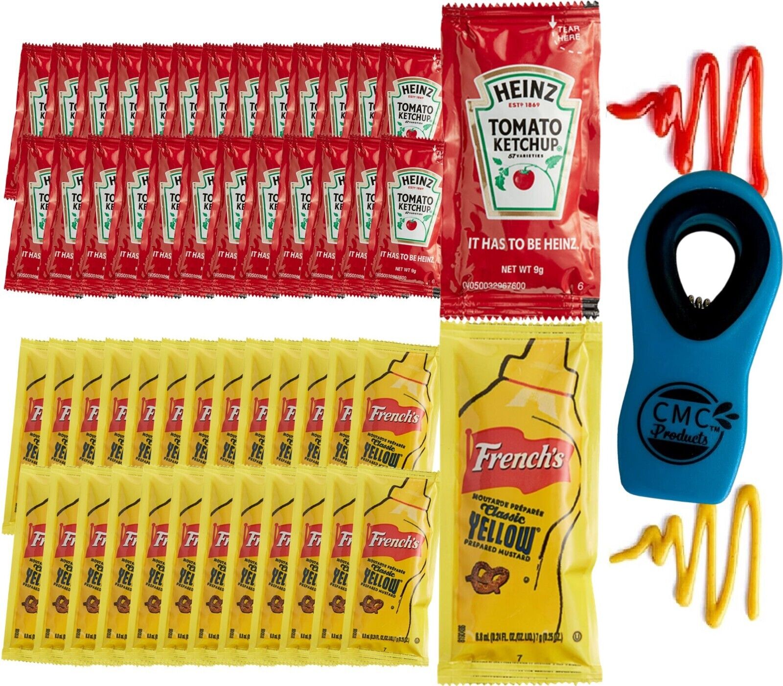 50 Total Packets/25X25 Heinz Ketchup & French's Mustard w/CMC Products Chip Clip