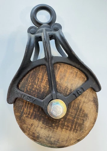 Vintage NEY 161 Cast Iron and Weathered Wood Wheel Pulley 10.5” X 6.5”