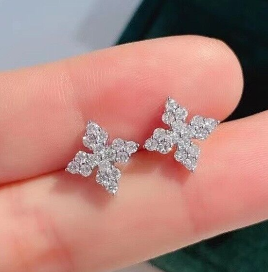Tiny Stud Earrings Silver Plated Minimal Floral Earring 1.80CT Simulated Diamond