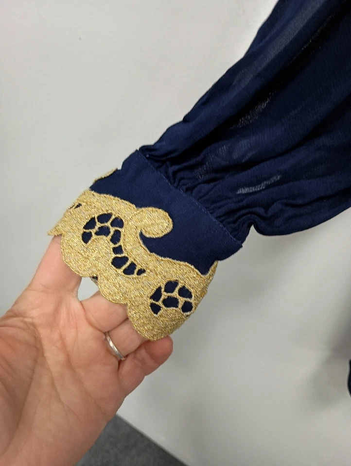 Blusa Top Mujer Gottex Años 80 Mediana Azul Marino Dorado Encaje Borde Transparente Manga Larga Foto 3 de 4