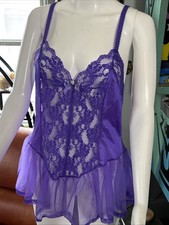 VTG Lingerie 80s 90s Medium Purple Nylon Unbranded Lace and Mesh Babydoll 32"