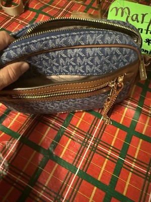 bolsa michael kors blue brown logo chain accent shoulder bag